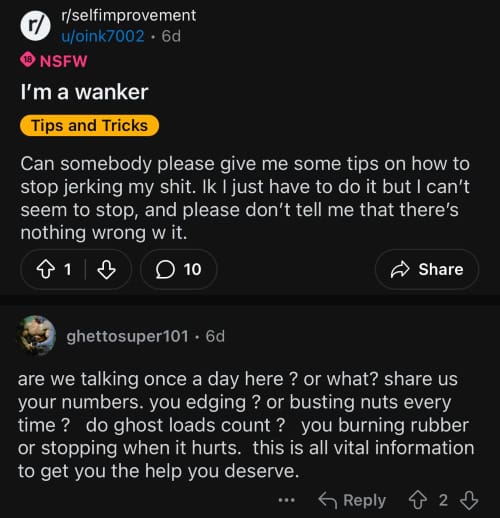 Too long for alt text but basically it's screenshot of a guy asking Reddit how to stop wanking.