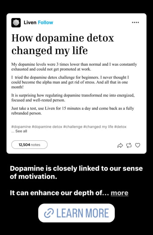 A screenshot of an ad suggesting that dopamine detox can make you "the alpha man." It's too long for alt text but don't worry, you didn't want to read it anyway.