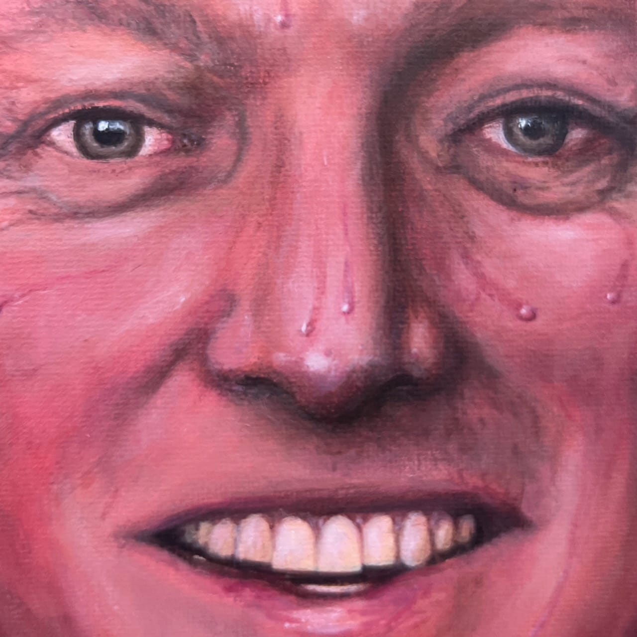 A close up of the Photorealistic Painting of Christopher Luxon, showing sweat beads and Teeth